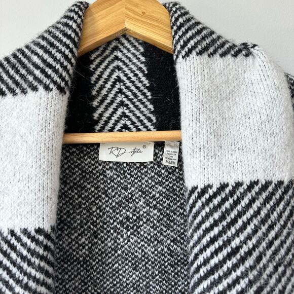 RD Style Buffalo Plaid Open Front Cardigan Sweater Black/White M - Picture 4 of 6